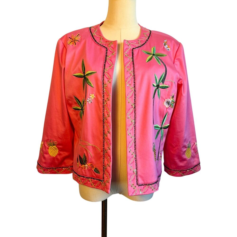 Vintage Pink Green Palm Tree Tropical Embroidered Sequin Jacket Florida Beach LG